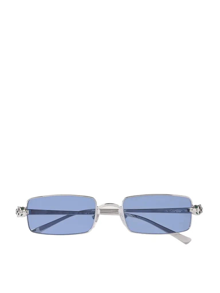 Cartier Eyewear Panthère Rectangle-frame Crystal-embellished Silver-tone Sunglasses | Image 1 Cartier Eyewear Panthère Rectangle-frame Crystal-embellished Silver-tone Sunglasses | Image 1