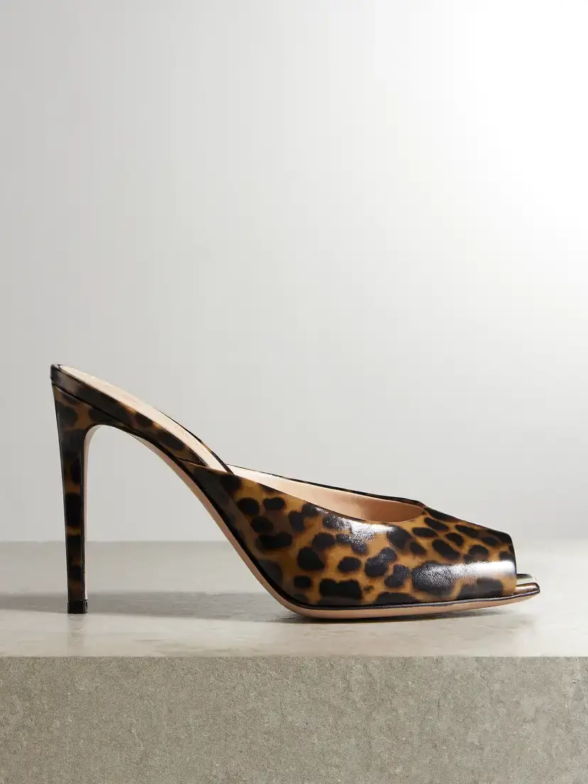 Ethel 95 Leopard-print Glossed-leather Mules