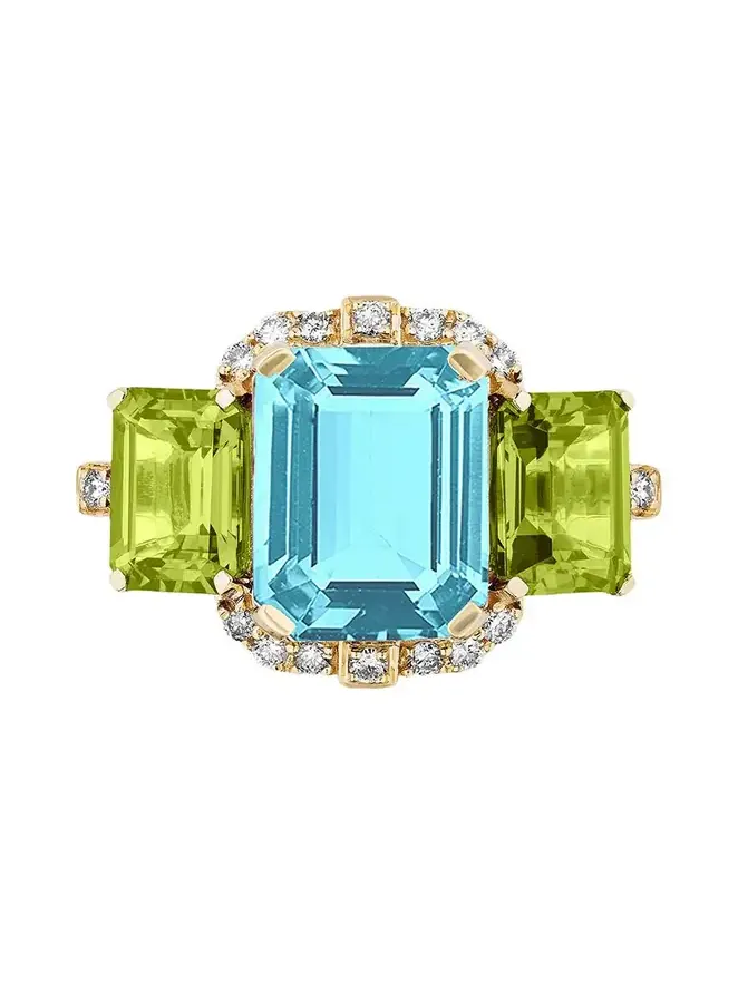 Gossip Three Stone Blue Topaz Peridot Ring Gossip Three Stone Blue Topaz Peridot Ring