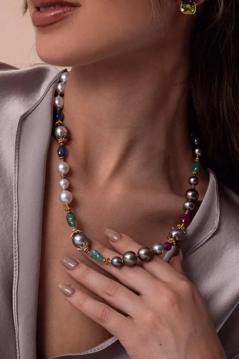 VERDURA Pearl Emerald Sapphire Beaded Necklace | Thumbnail 4