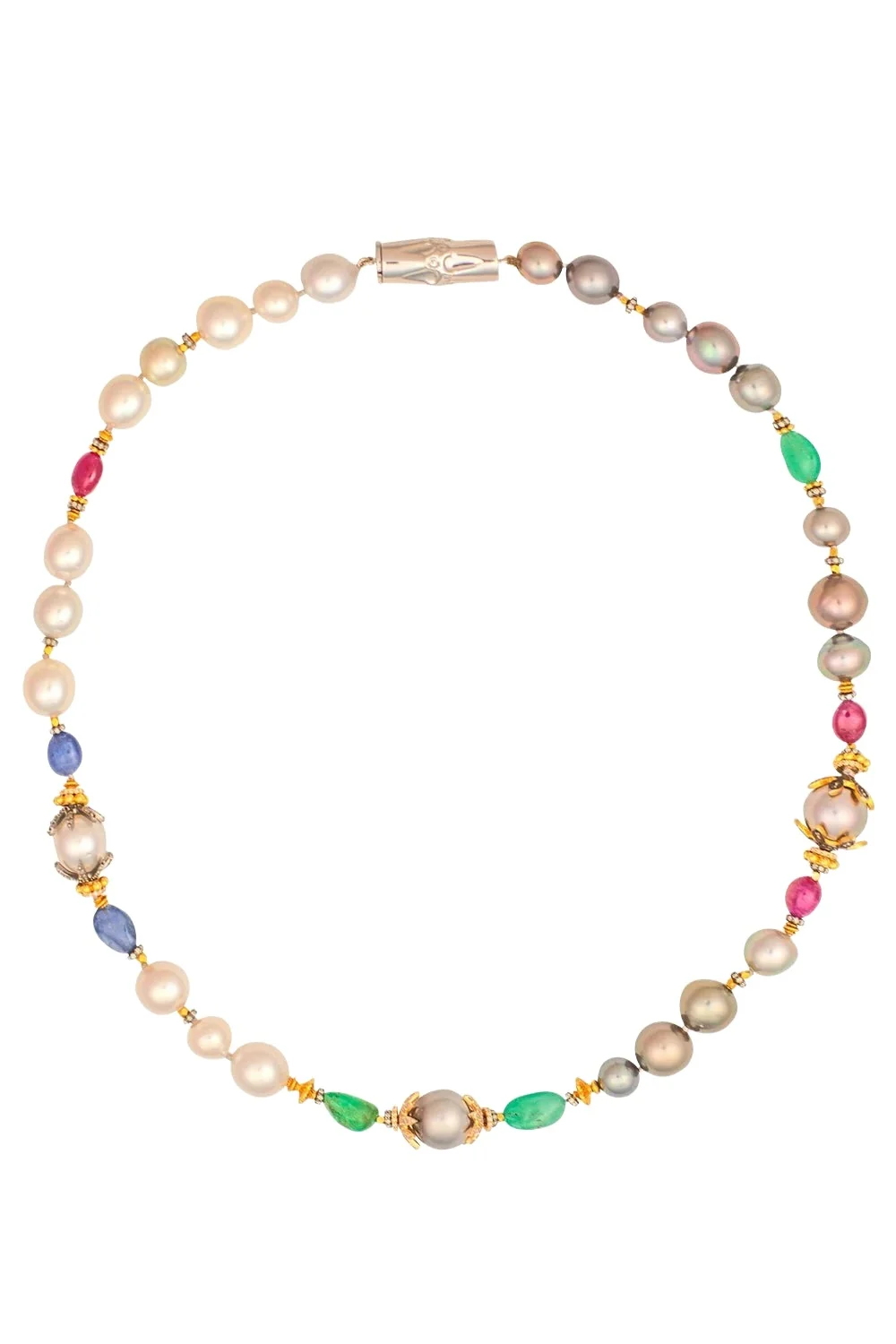Pearl Emerald Sapphire Beaded Necklace