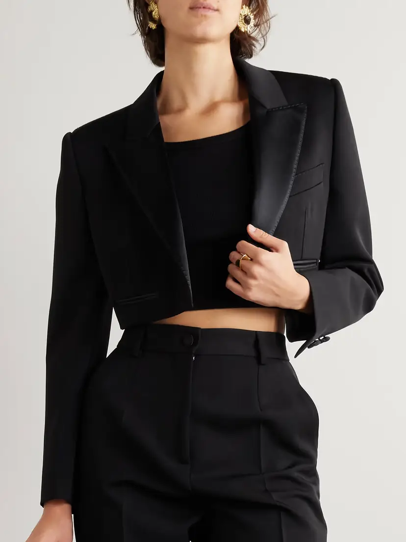 Dolce & Gabbana Cropped Satin-trimmed Wool-blend Gabardine Blazer | Thumbnail 3 Dolce & Gabbana Cropped Satin-trimmed Wool-blend Gabardine Blazer | Thumbnail 3
