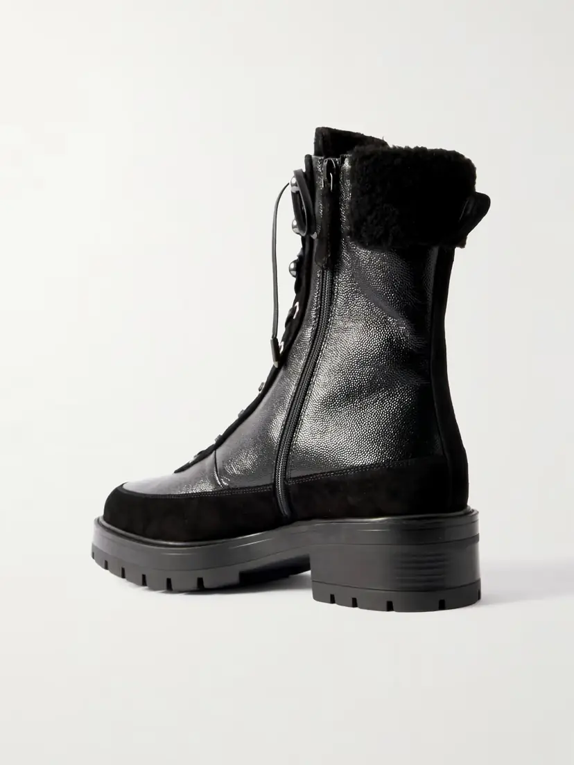 Aquazzura Very Cortina 20 Shearling-lined Suede-trimmed Glossed Textured-leather Combat Boots | Thumbnail 3 Aquazzura Very Cortina 20 Shearling-lined Suede-trimmed Glossed Textured-leather Combat Boots | Thumbnail 3