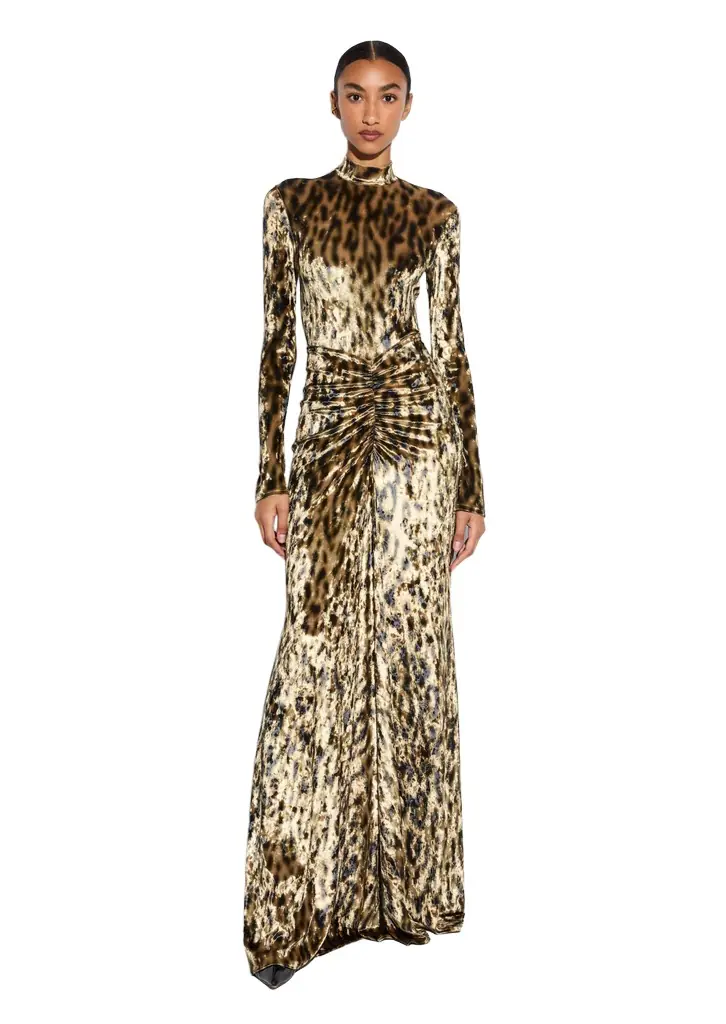 LAPOINTE Velvet Leopard Ruched Maxi Skirt | Thumbnail 1 LAPOINTE Velvet Leopard Ruched Maxi Skirt | Thumbnail 1