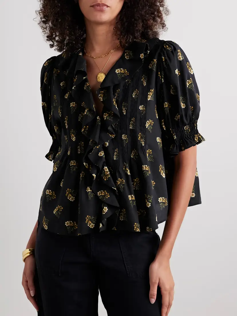 DÔEN Henri Ruffled Pintucked Floral-print Organic Cotton-blend Voile Top | Thumbnail 3 DÔEN Henri Ruffled Pintucked Floral-print Organic Cotton-blend Voile Top | Thumbnail 3