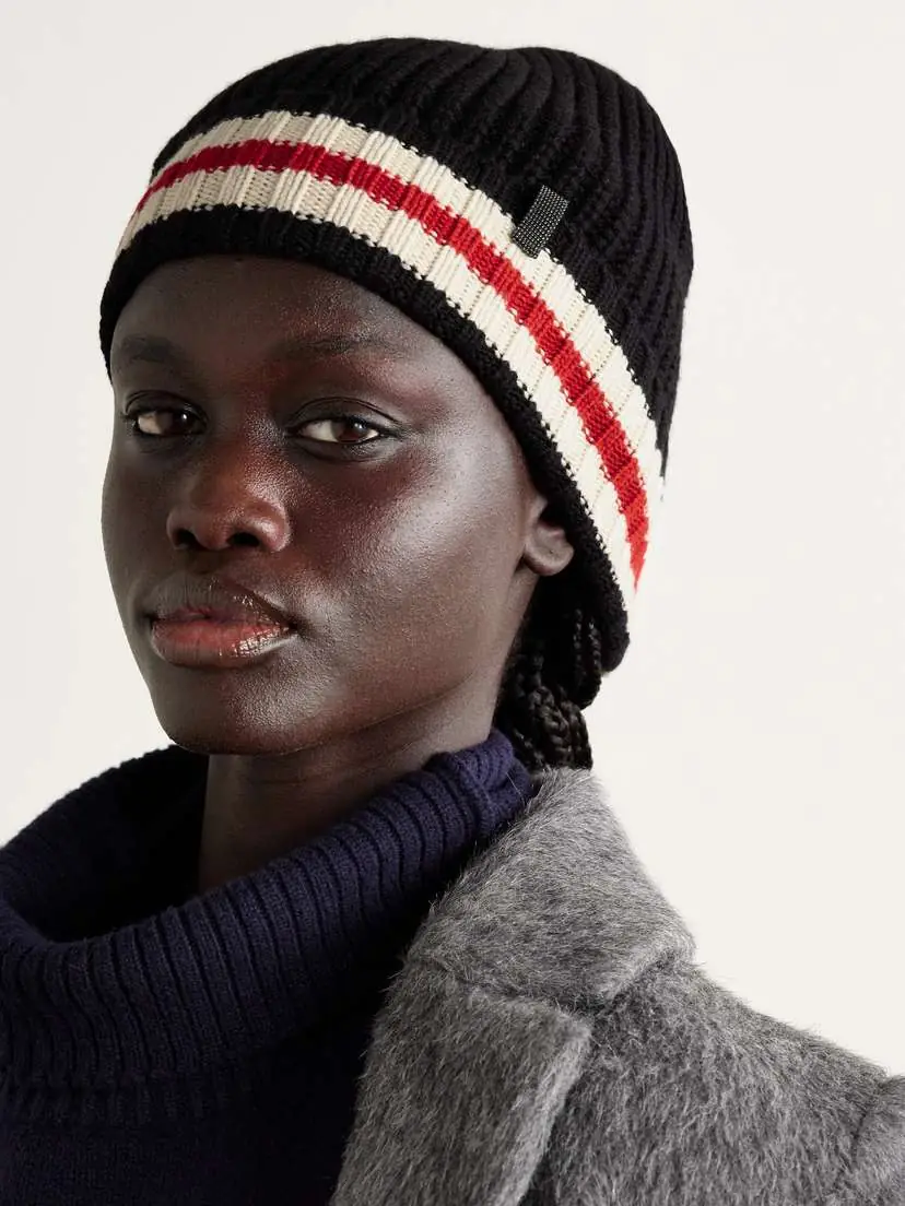 Brunello Cucinelli Bead-embellished Striped Ribbed Cashmere Beanie | Thumbnail 2