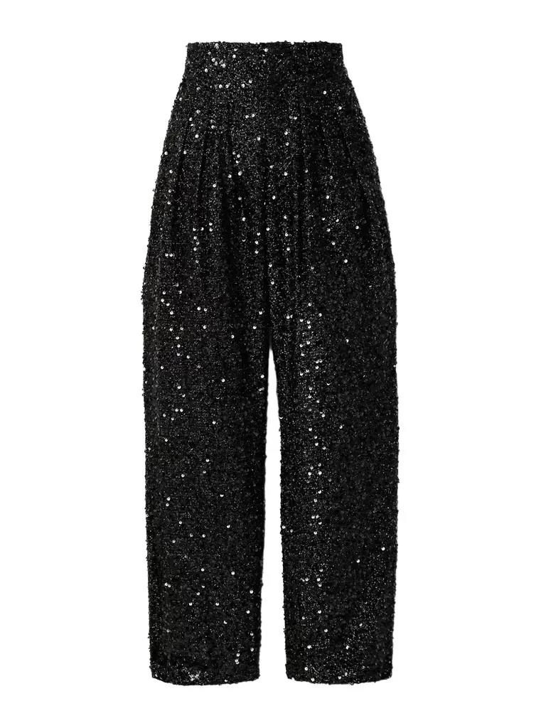 Aras Pleated Sequined Metallic Tulle Tapered Pants