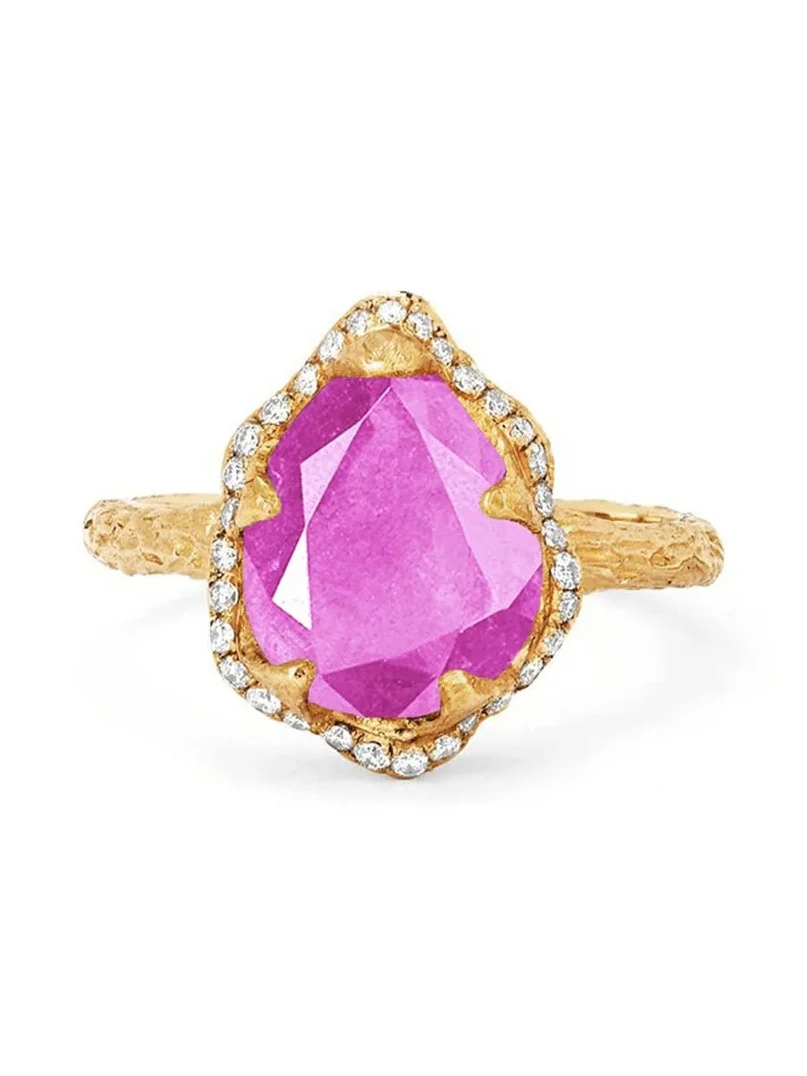 LOGAN HOLLOWELL Baby Queen Full Pavé Halo Water Drop Pink Sapphire Ring