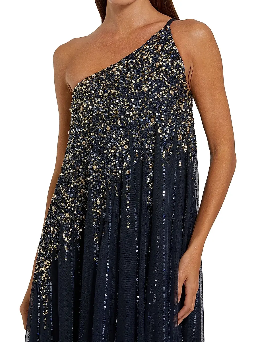 Mac Duggal Women's One-Shoulder Beaded Tulle Trapeze Gown - Midnight Gold | Thumbnail 3 Mac Duggal Women's One-Shoulder Beaded Tulle Trapeze Gown - Midnight Gold | Thumbnail 3