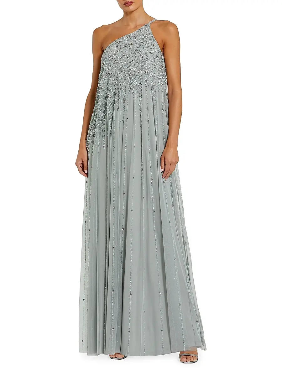 Mac Duggal Women's One-Shoulder Beaded Tulle Trapeze Gown - Midnight Gold | Thumbnail 4 Mac Duggal Women's One-Shoulder Beaded Tulle Trapeze Gown - Midnight Gold | Thumbnail 4