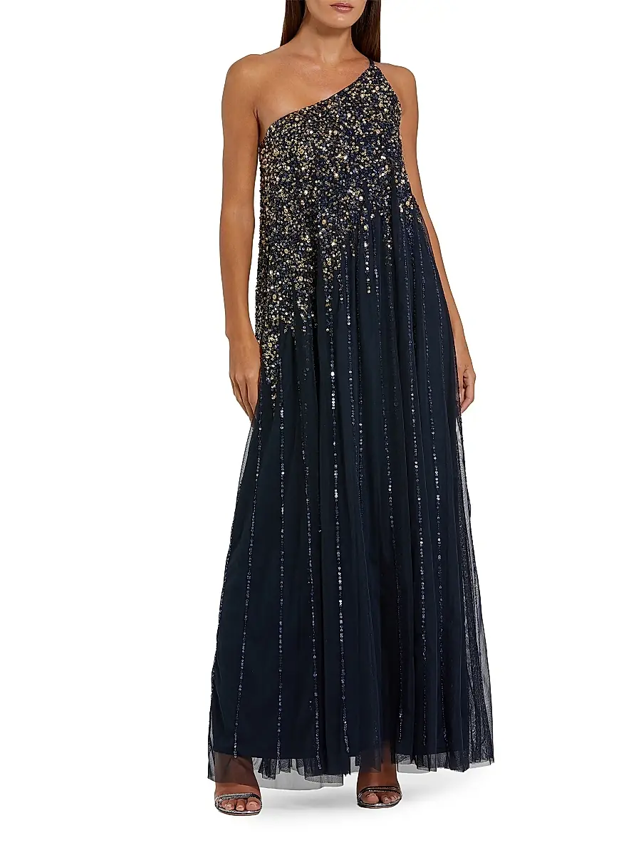 Women's One-Shoulder Beaded Tulle Trapeze Gown - Midnight Gold Women's One-Shoulder Beaded Tulle Trapeze Gown - Midnight Gold