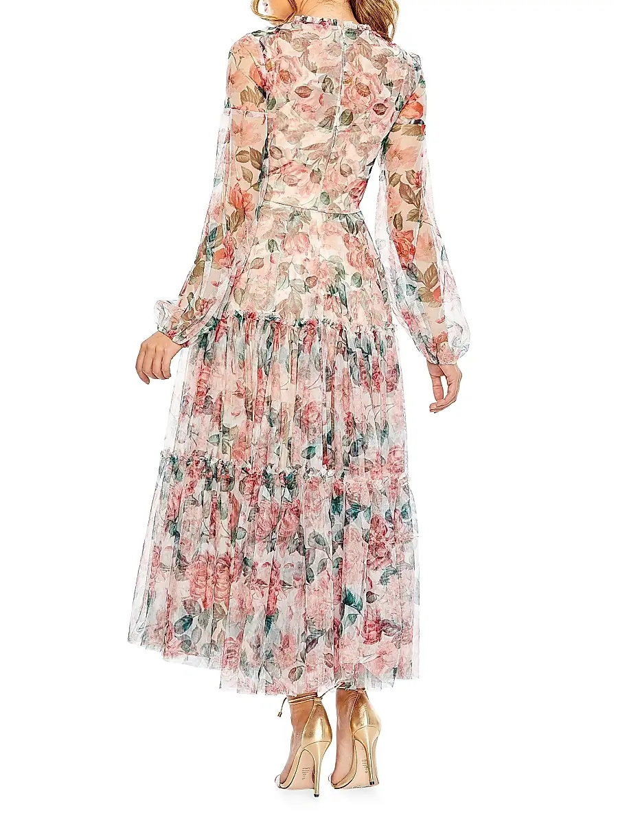 Mac Duggal Women's Floral Chiffon Balloon-Sleeve Midi-Dress | Thumbnail 2