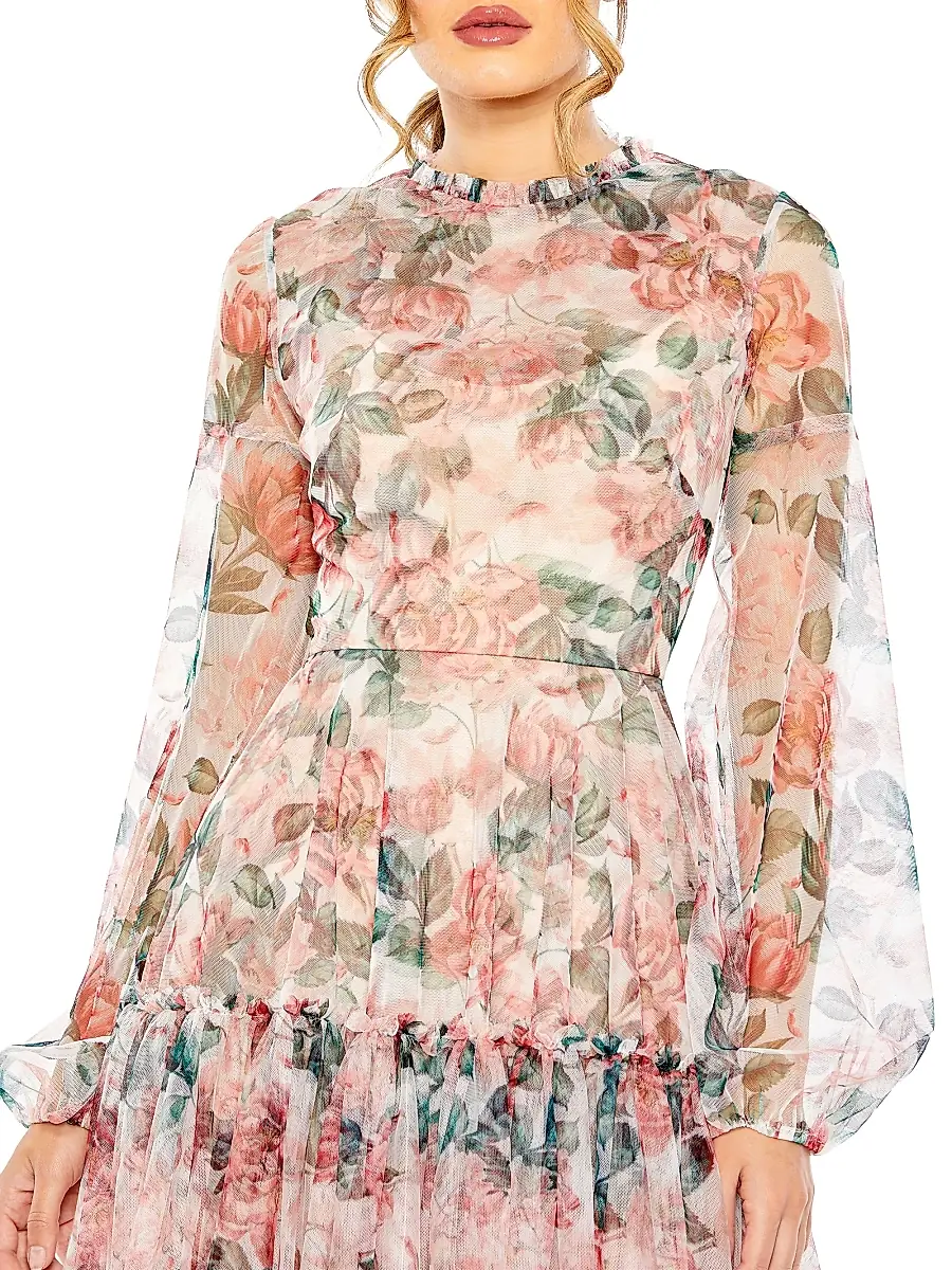 Mac Duggal Women's Floral Chiffon Balloon-Sleeve Midi-Dress | Thumbnail 3