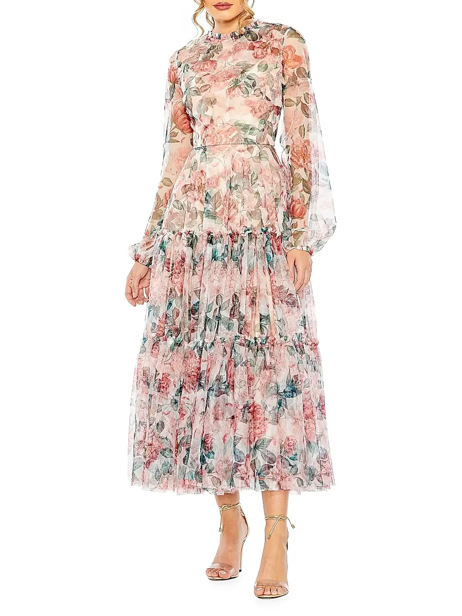 Mac Duggal Women's Floral Chiffon Balloon-Sleeve Midi-Dress