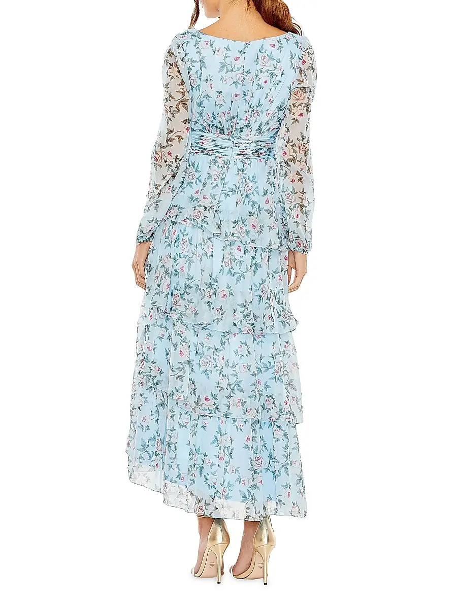 Mac Duggal Women's Floral Chiffon Tiered Midi-Dress | Thumbnail 2 Mac Duggal Women's Floral Chiffon Tiered Midi-Dress | Thumbnail 2