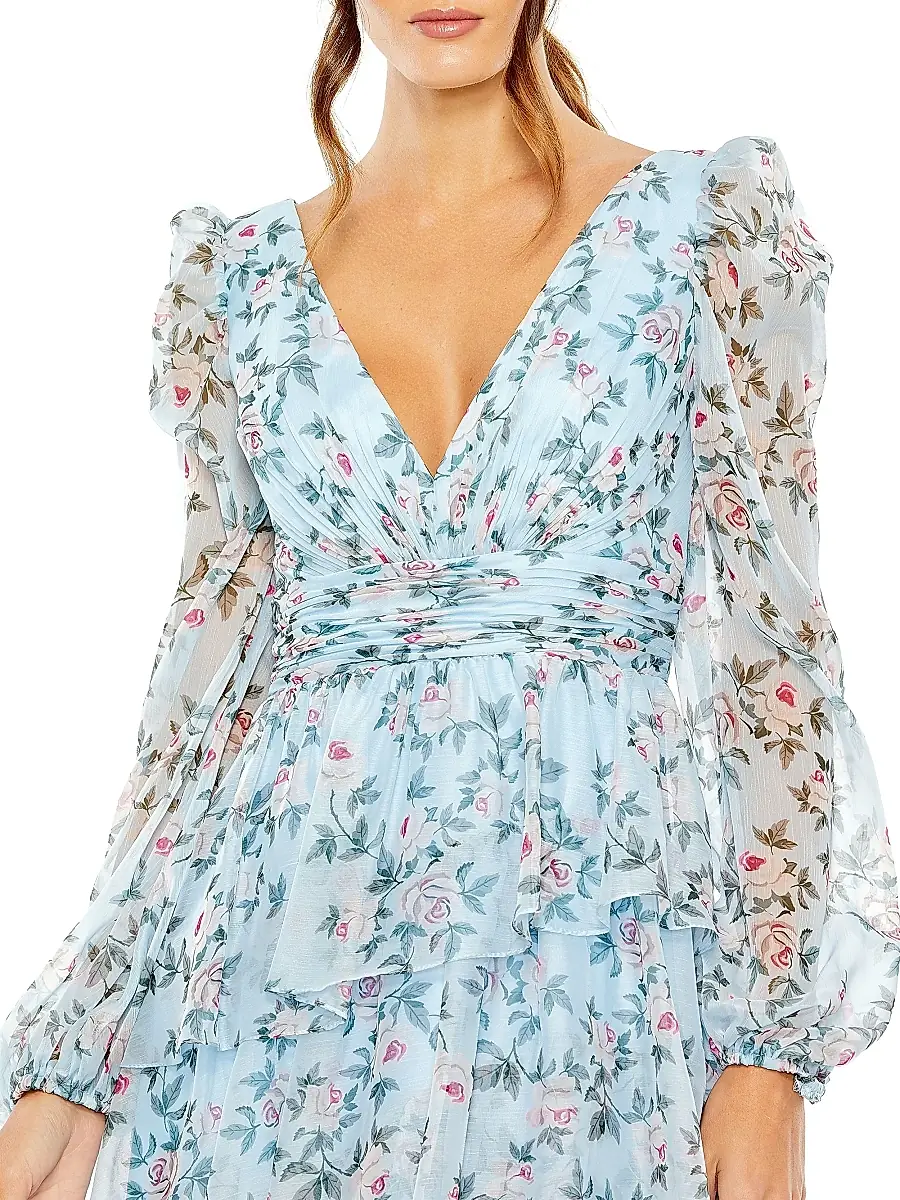 Mac Duggal Women's Floral Chiffon Tiered Midi-Dress | Thumbnail 3 Mac Duggal Women's Floral Chiffon Tiered Midi-Dress | Thumbnail 3