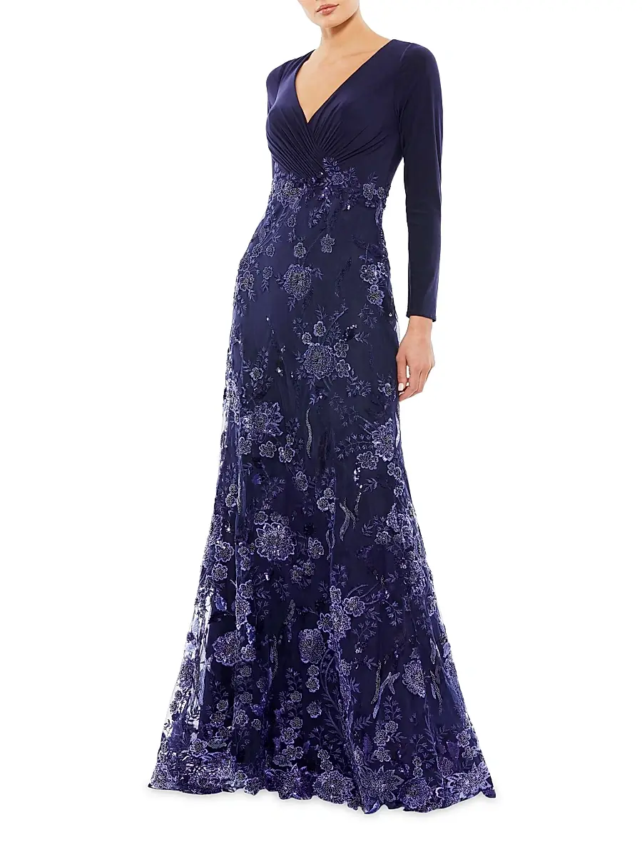 Mac Duggal Women's Floral Sequin Long-Sleeve Gown