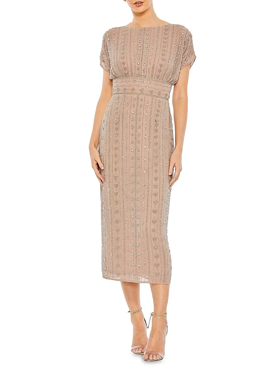 Mac Duggal Women's Beaded Mesh Column Midi-Dress | Thumbnail 2 Mac Duggal Women's Beaded Mesh Column Midi-Dress | Thumbnail 2