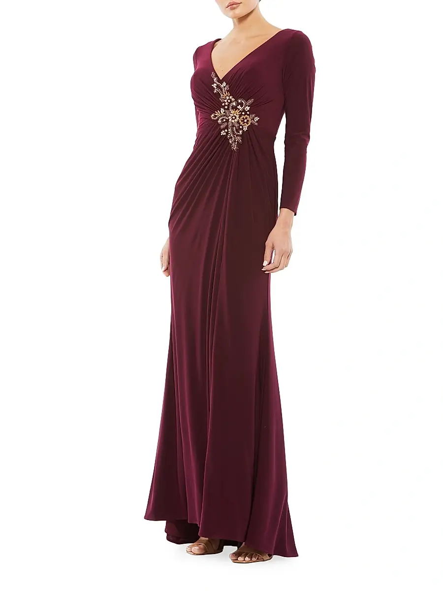 Mac Duggal Women's Appliqué Long-Sleeve Gown
