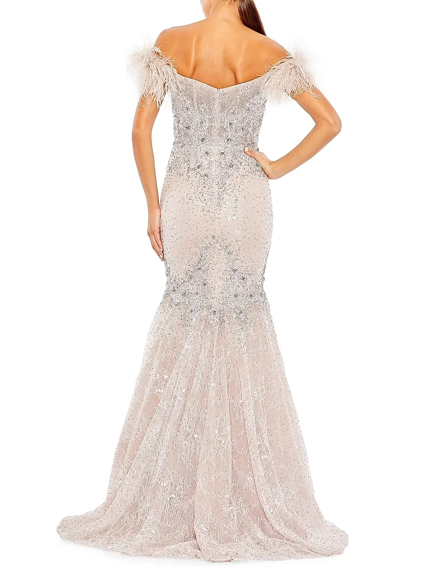 Mac Duggal Women's Off-The-Shoulder Feather Embellished Mermaid Gown | Thumbnail 2 Mac Duggal Women's Off-The-Shoulder Feather Embellished Mermaid Gown | Thumbnail 2