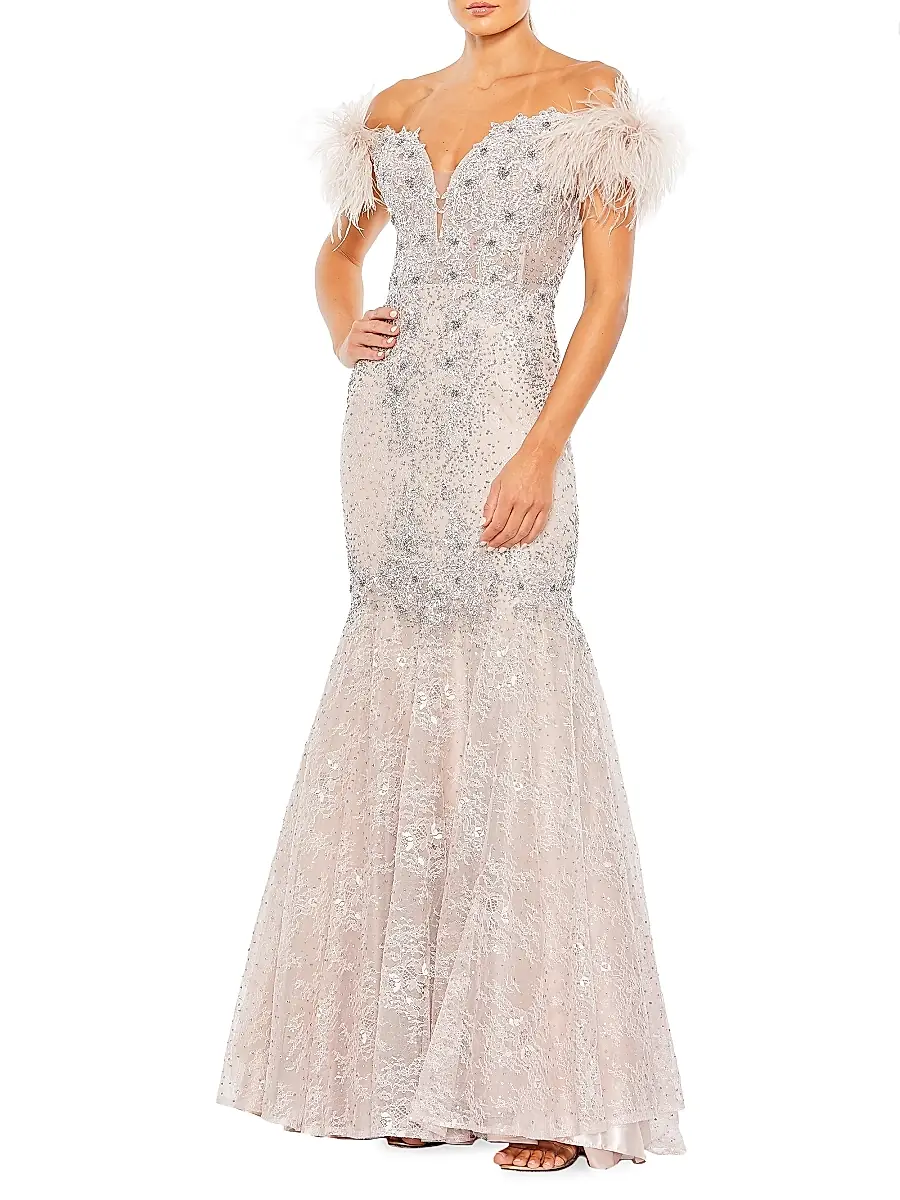 Mac Duggal Women's Off-The-Shoulder Feather Embellished Mermaid Gown
