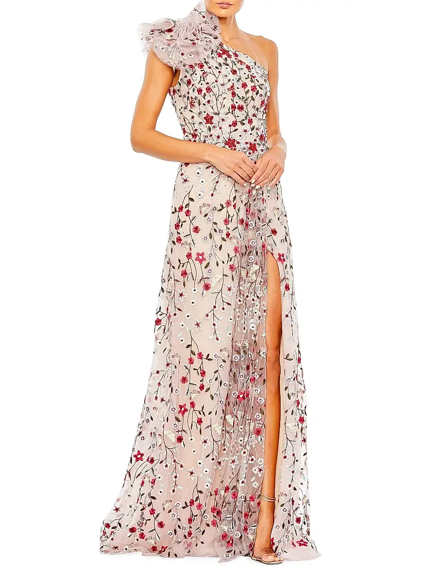 Mac Duggal Women's Floral Embroidered One-Shoulder Gown - Rose Multi | Image 1 Mac Duggal Women's Floral Embroidered One-Shoulder Gown - Rose Multi | Image 1