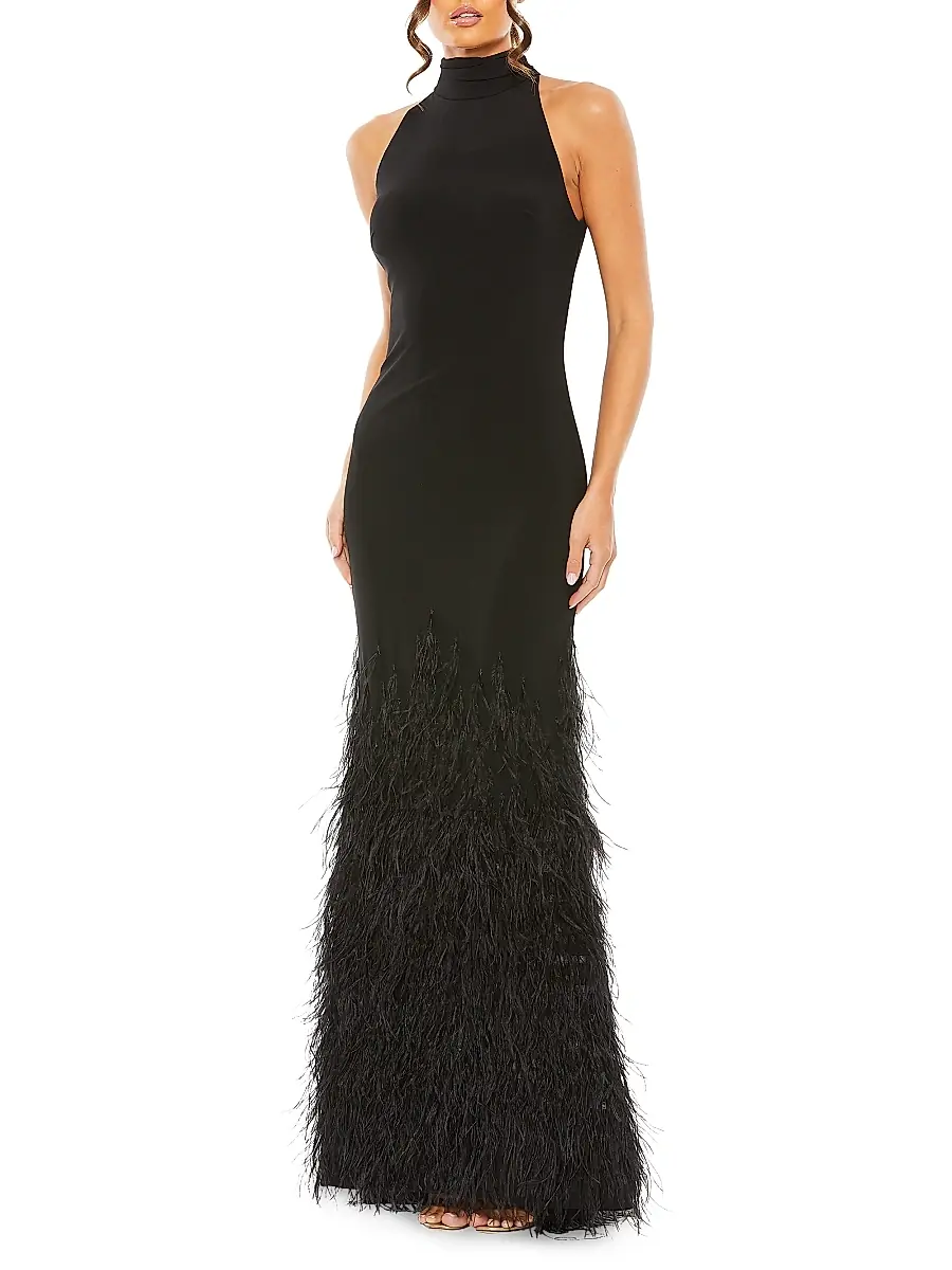 Mac Duggal Women's Feathered Jersey Halter Gown