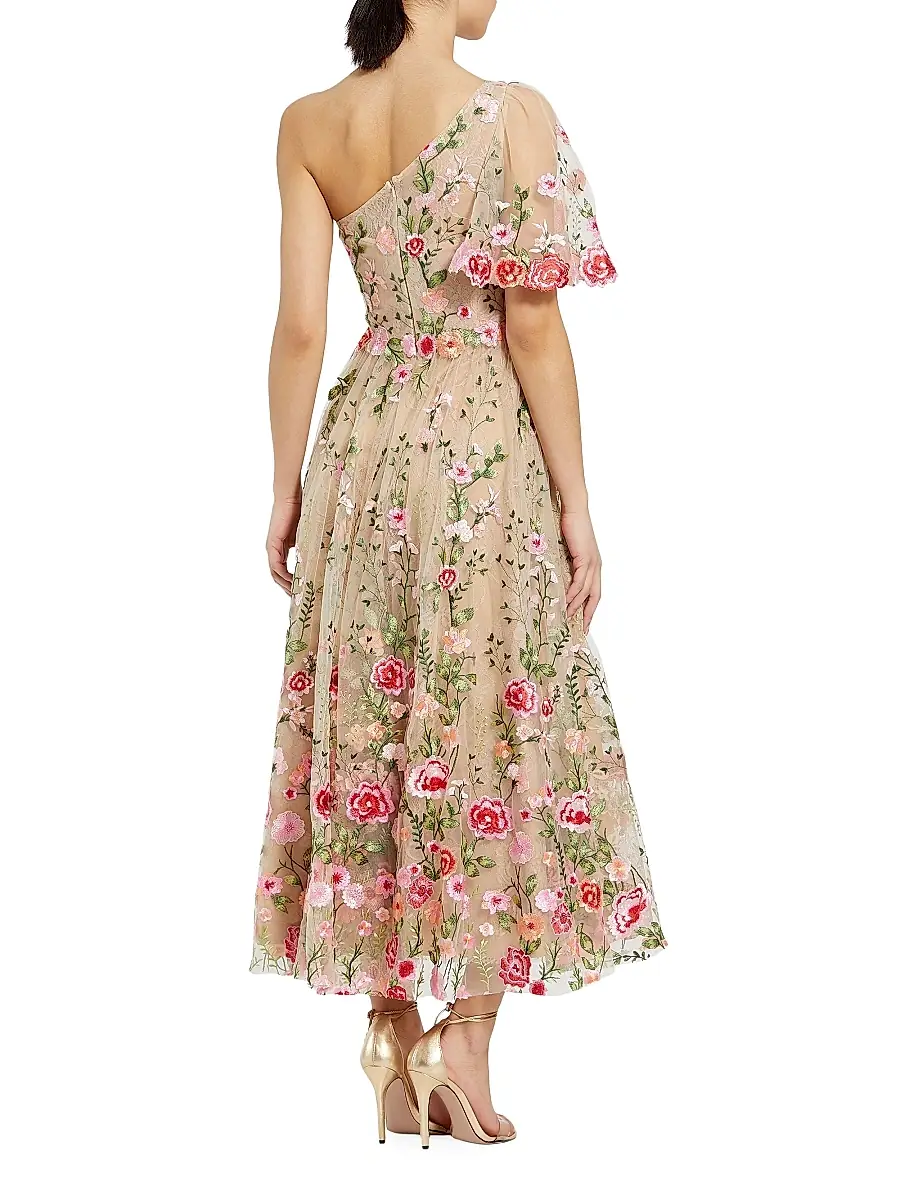 Mac Duggal Women's Floral Embroidered One-Shoulder Midi-Dress | Thumbnail 2 Mac Duggal Women's Floral Embroidered One-Shoulder Midi-Dress | Thumbnail 2
