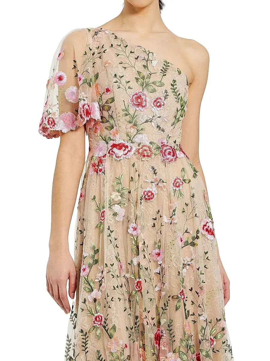 Mac Duggal Women's Floral Embroidered One-Shoulder Midi-Dress | Thumbnail 3 Mac Duggal Women's Floral Embroidered One-Shoulder Midi-Dress | Thumbnail 3