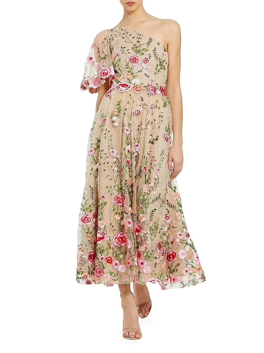Mac Duggal Women's Floral Embroidered One-Shoulder Midi-Dress