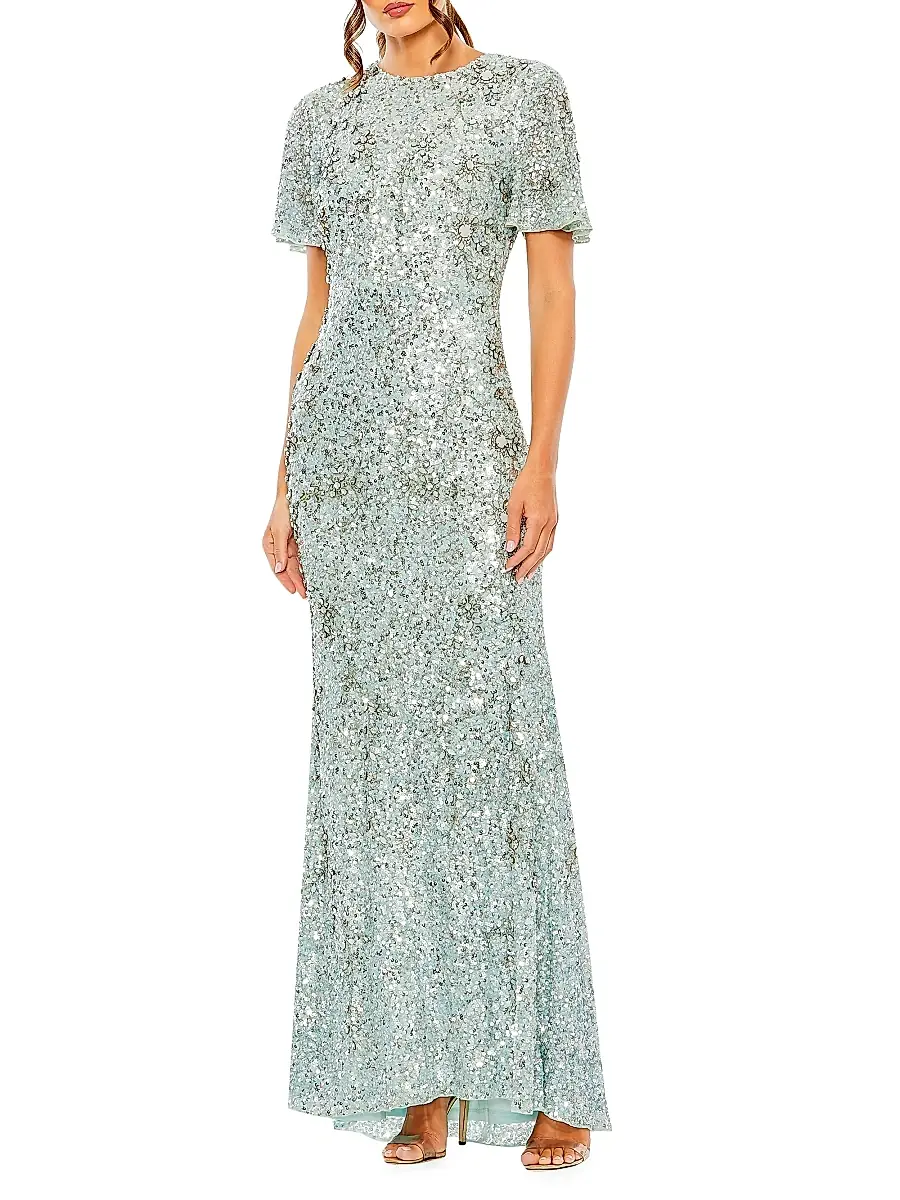 Mac Duggal Women's Flutter-Sleeve Sequin Gown - French Blue | Image 1 Mac Duggal Women's Flutter-Sleeve Sequin Gown - French Blue | Image 1