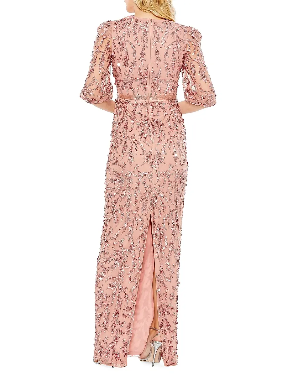 Mac Duggal Women's Sequined Elbow-Sleeve Column Gown | Thumbnail 2 Mac Duggal Women's Sequined Elbow-Sleeve Column Gown | Thumbnail 2