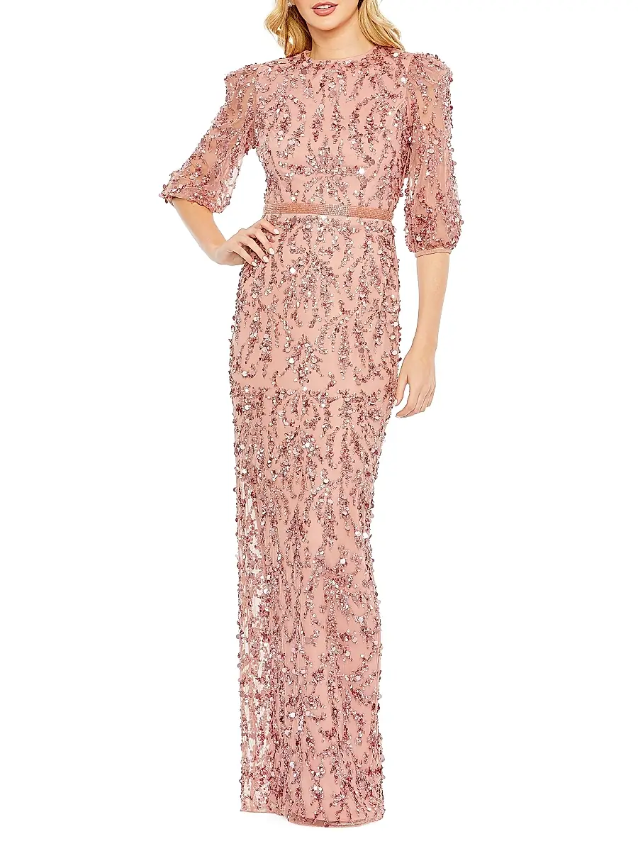 Mac Duggal Women's Sequined Elbow-Sleeve Column Gown