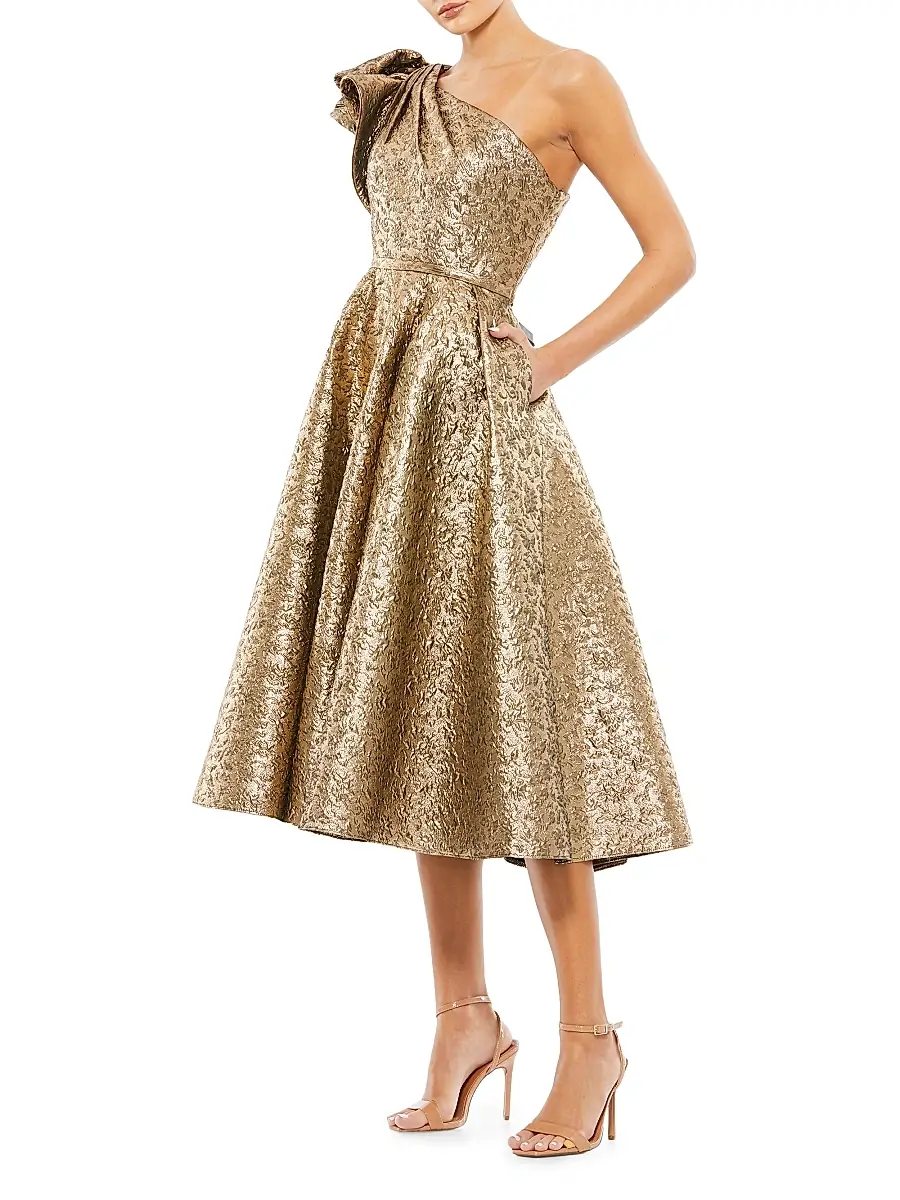 Mac Duggal Women's Asymmetric Metallic Tea-Length Dress - Antique Bronze - Size 16 | Image 1 Mac Duggal Women's Asymmetric Metallic Tea-Length Dress - Antique Bronze - Size 16 | Image 1