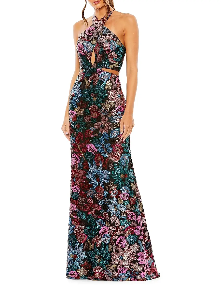 Mac Duggal Women's Floral Sequined Cut-Out Halter Gown | Image 1 Mac Duggal Women's Floral Sequined Cut-Out Halter Gown | Image 1