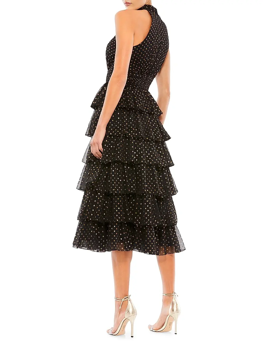 Mac Duggal Women's High-Neck Tiered Dotted Midi-Dress | Thumbnail 2 Mac Duggal Women's High-Neck Tiered Dotted Midi-Dress | Thumbnail 2