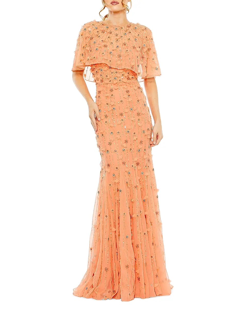 Mac Duggal Women's Embellished Illusion Cape-Sleeve Trumpet Gown | Thumbnail 2