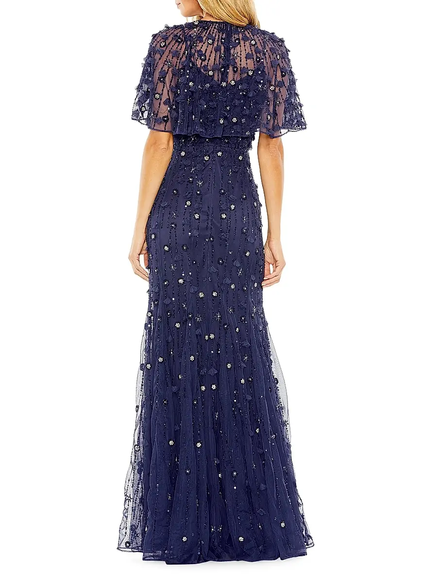 Mac Duggal Women's Embellished Illusion Cape-Sleeve Trumpet Gown | Thumbnail 3