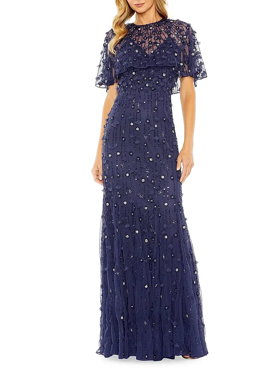 Mac Duggal Women's Embellished Illusion Cape-Sleeve Trumpet Gown