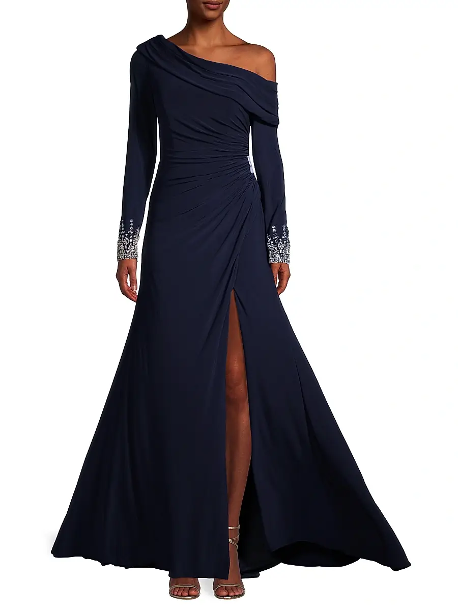 Mac Duggal Women's One-Shoulder Jersey Ruched Side Slit Gown | Thumbnail 2 Mac Duggal Women's One-Shoulder Jersey Ruched Side Slit Gown | Thumbnail 2