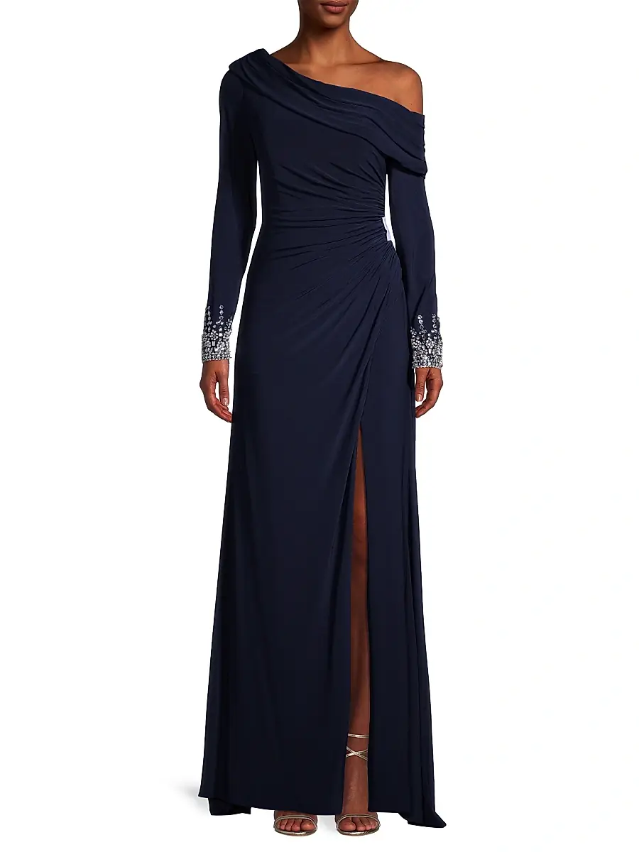Mac Duggal Women's One-Shoulder Jersey Ruched Side Slit Gown | Thumbnail 3 Mac Duggal Women's One-Shoulder Jersey Ruched Side Slit Gown | Thumbnail 3