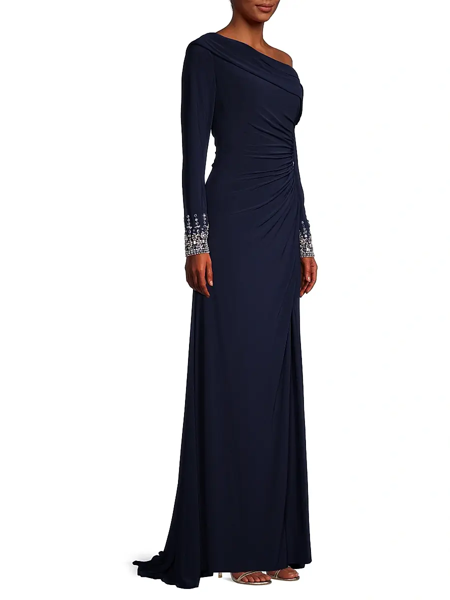 Mac Duggal Women's One-Shoulder Jersey Ruched Side Slit Gown | Thumbnail 4 Mac Duggal Women's One-Shoulder Jersey Ruched Side Slit Gown | Thumbnail 4