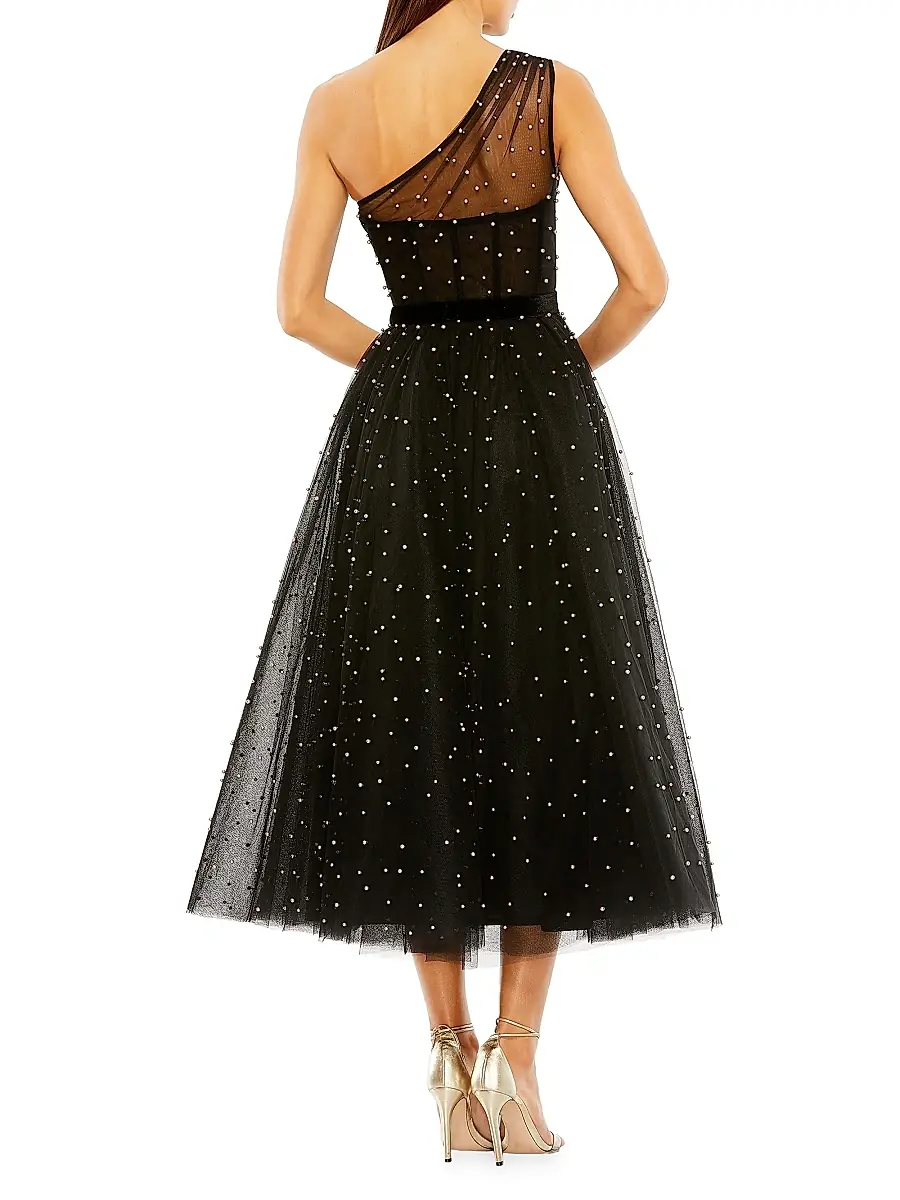 Mac Duggal Women's Embellished Tulle One-Shoulder Midi-Ballgown - Black | Thumbnail 2 Mac Duggal Women's Embellished Tulle One-Shoulder Midi-Ballgown - Black | Thumbnail 2