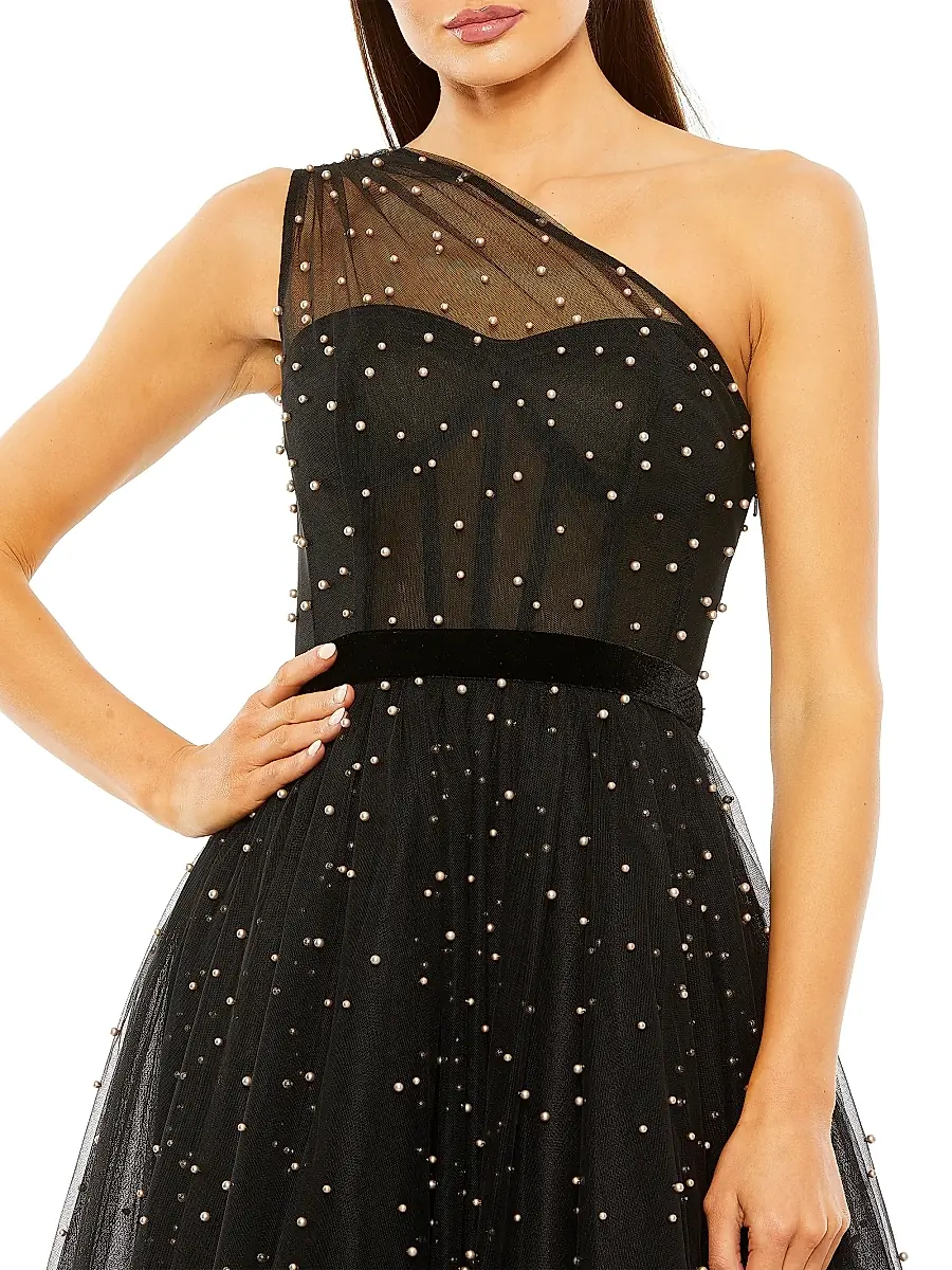 Mac Duggal Women's Embellished Tulle One-Shoulder Midi-Ballgown - Black | Thumbnail 3 Mac Duggal Women's Embellished Tulle One-Shoulder Midi-Ballgown - Black | Thumbnail 3