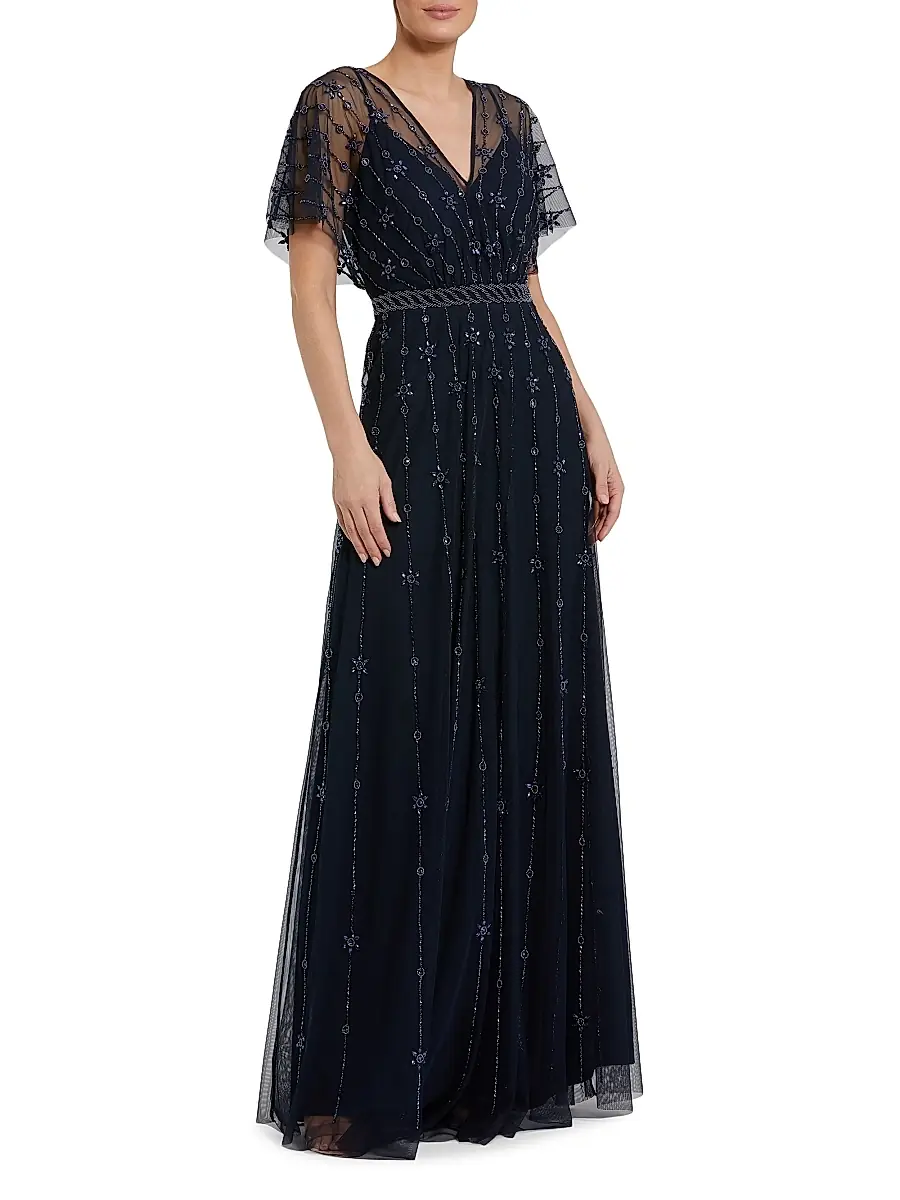 Mac Duggal Women's Crystal-Embellished Flutter-Sleeve A-Line Gown