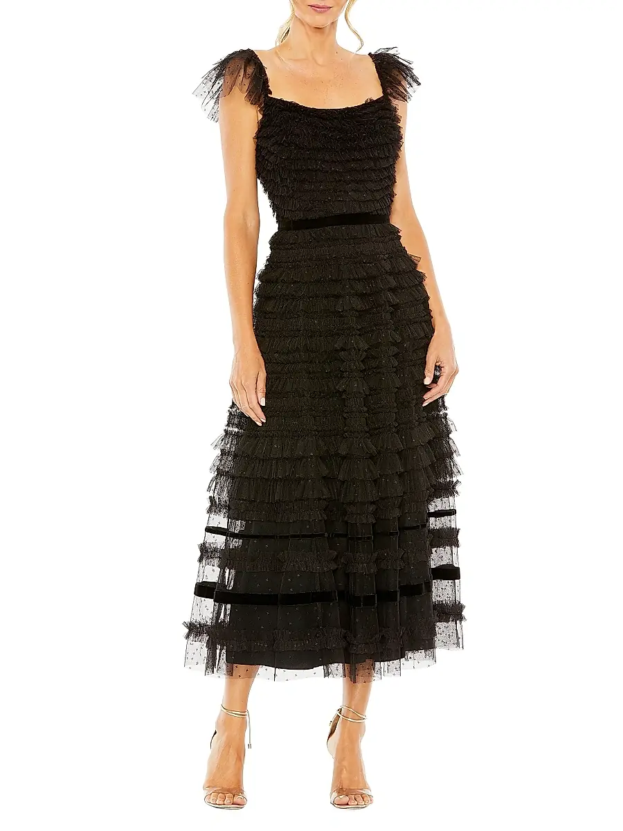 Women's Flutter-Sleeve Tiered Ruffle Gown