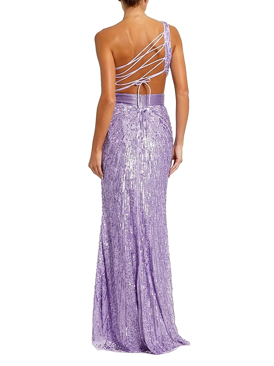 Mac Duggal Women's Sequined One-Shoulder Lace-Up Gown | Thumbnail 3 Mac Duggal Women's Sequined One-Shoulder Lace-Up Gown | Thumbnail 3