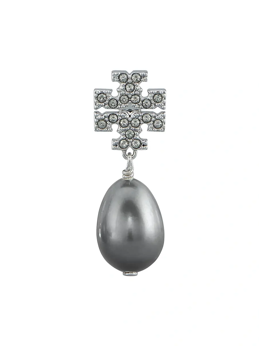 Tory Burch Women's Goldtone, Crystal & Faux-Pearl Logo Drop Earrings - Tory Silver Pearl | Thumbnail 2