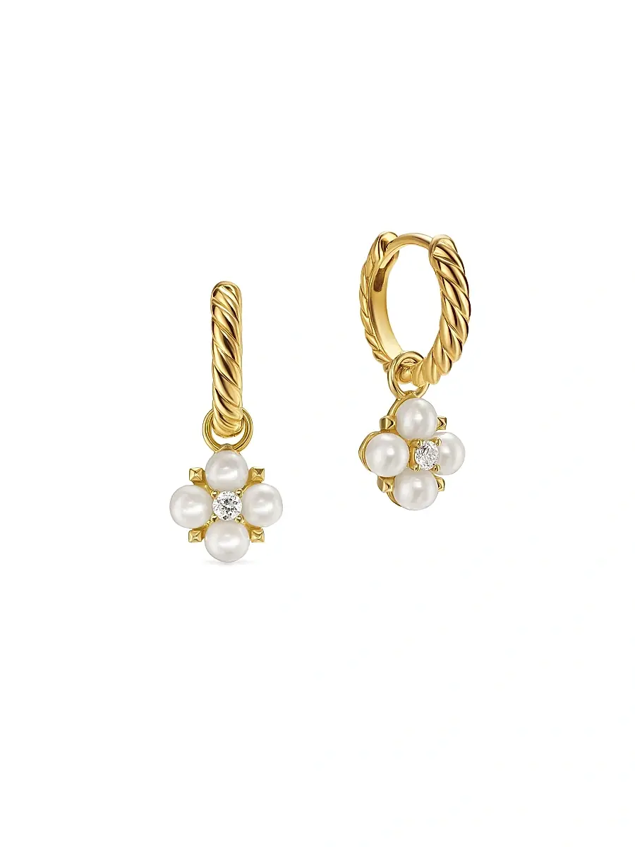 David Yurman Women's Petite Modern Renaissance Pearl Drop Earrings in 18K Yellow Gold with Diamonds, 18MM - Akoya White Pearl | Thumbnail 2
