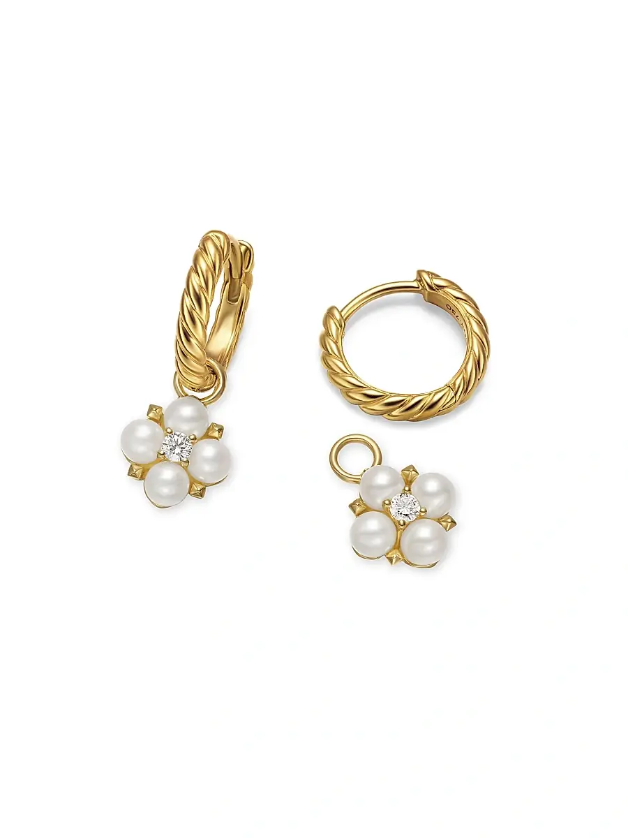 David Yurman Women's Petite Modern Renaissance Pearl Drop Earrings in 18K Yellow Gold with Diamonds, 18MM - Akoya White Pearl | Thumbnail 4